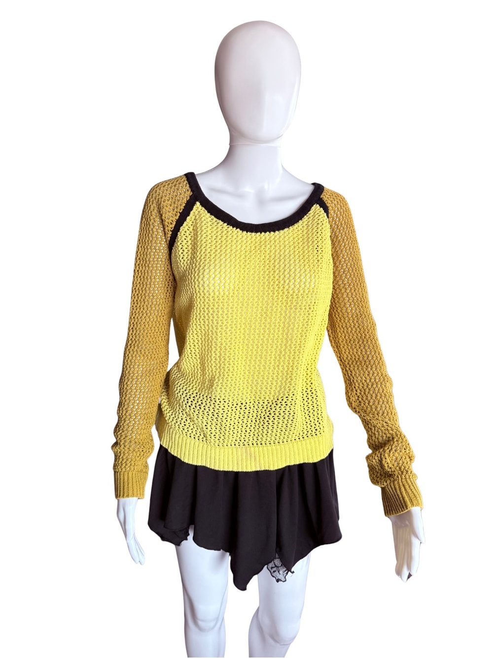 Euro Brand Maison Scotch Yellow Open Knit Colorblock Cotton Sweater